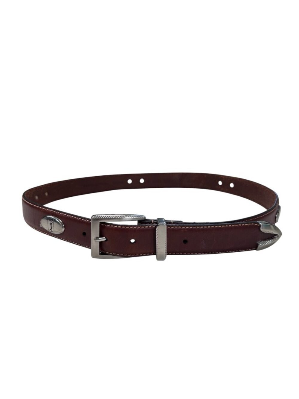 PGA Tour Brown Leather Golf Belt Sports Silver Medallion